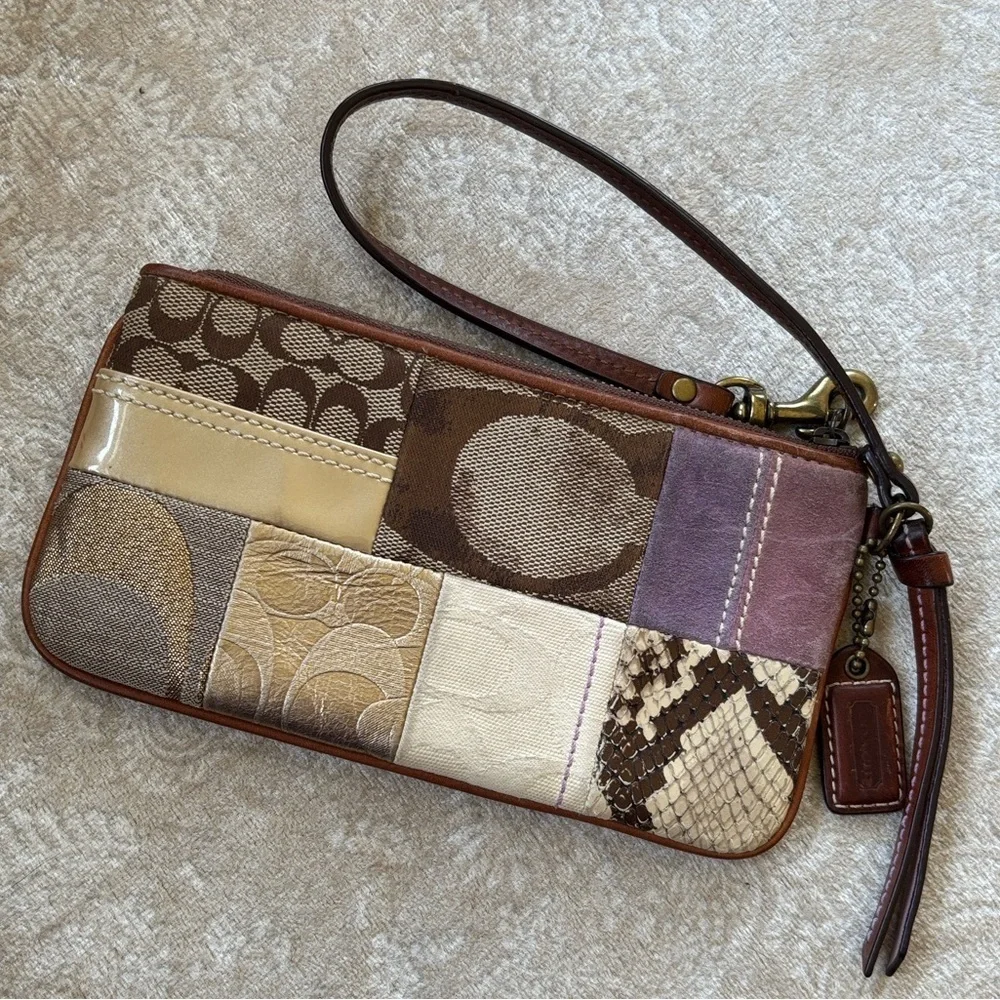 Coach Patchwork Zippered Wristlet Signature C Leather Suede Metallic Snakeskin